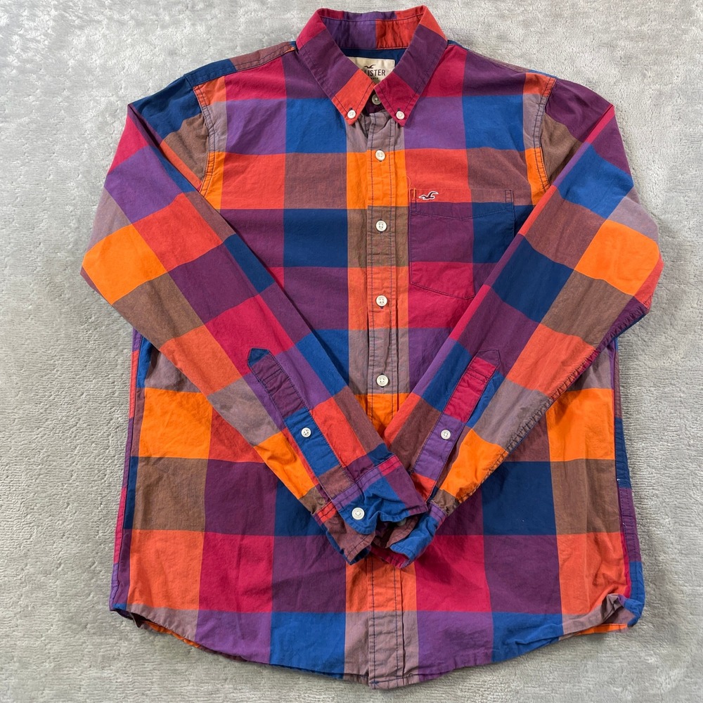 Hollister Shirt Mens Large Plaid Orange Colorful Preppy Casual Office‎ Button